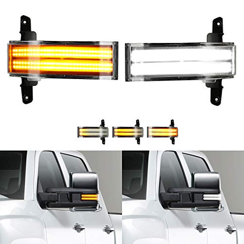 ROCCS LED Sequential Amber Side Mirror Marker Turn Signals White Parking Cargo Lights Switchback Tow Mirror Light for 2014-2019 Chevy Silverado GMC Sierra 1500 2500HD 3500HD, Clear Lens