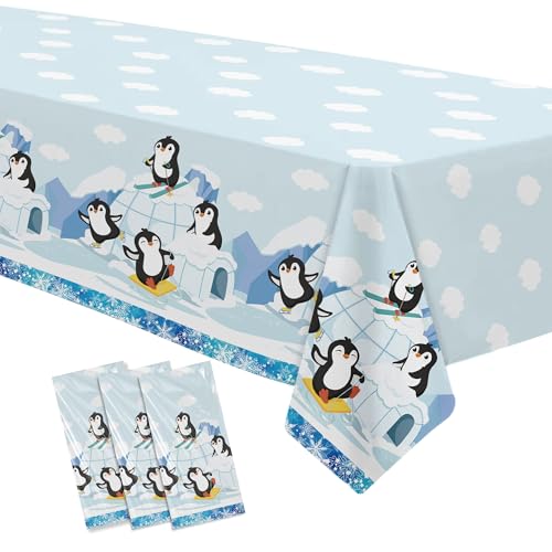 APOWBLS Penguin Birthday Decorations Tablecloth 3 Pack Disposable Winter Penguin Party Supplies Table Cover for Birthday Baby Shower 55in x 86in