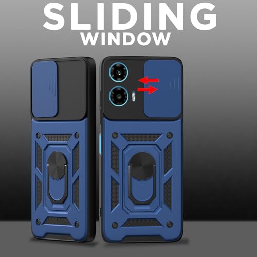Image of Pikkme Back Cover for Motorola Moto G34 / G45 5G | 360 Protection Case | Sliding Camera Shield Cover & Ring Holder Stand D10 Tough Armor Bumper Case (Blue)