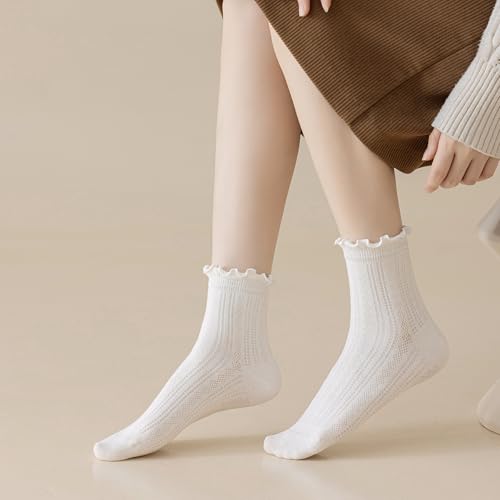 Image of Mcool Mary Womens Crew Socks Ruffle Casual Cotton Frilly Breathable Cute Knit Lettuce Trim Dress Ankle Socks 6 Pack