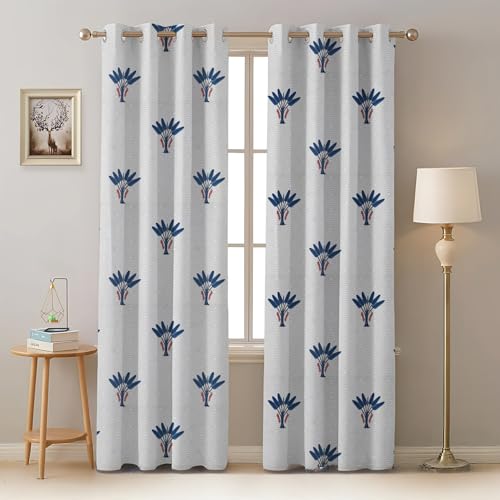 Image of Amazon Basics - Floral Print Light Filtering Curtains | 100% Cotton 150 TC | Set of 2 | 7 Feet | 115 x 210 cm | Blue | Eyelets & Tiebacks| Ideal for Bedroom and Living Room