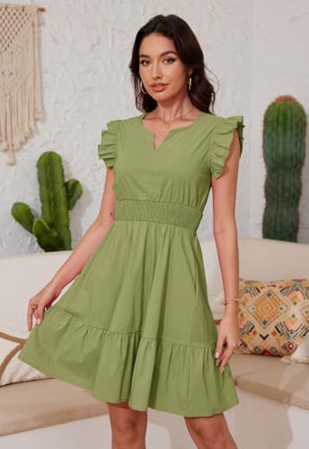 Image of Jayscreate Women's Ruffle Sleeve Layered Dress Pockets Elastic Waist 2025 V Neck Above Knee Summer Casual Cute Dress