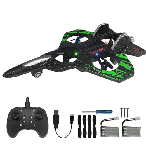 SZJMAO RC Airplane for Kids and Beginners, 2.4GHz Foam Drone Remote Control Airplane Outdoor Flying Toy, 360° Drop-Resistant Stunt Spin Remote Fighter Jet with Lights (Green)