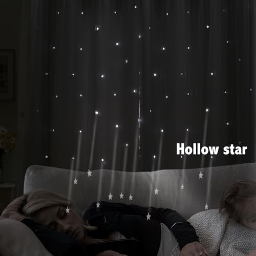 Image of indistar Star Cutout Kids Window Blackout Curtains for Girl Bedroom Window Room Darkening Curtains & Drapes Baby Nursery Curtains (2 Panel,35Wx72L inch,Greyish White)