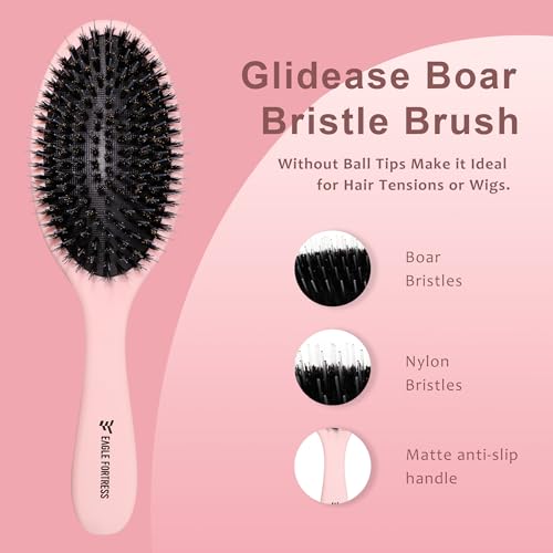 Glidease Boar Bristle Hair Brush & Hair Extension Brush – Detangler for Medium & Thick Hair – Shine Enhancing Brush for Women & Men – Premium Gift Idea for Holidays, Birthdays, Christmas (pink)