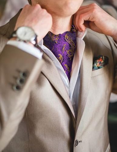 Image of Barry.Wang Ascot Ties Cravat Tie Men Paisley Plaid Scarf Self Tie Pocket Square Cufflinks Set Wedding Party
