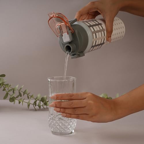 Image of Nayasa Duo-Sip Water Bottle - 730ml | Checkered Design | BPA-Free, Dual Sip Modes | Leak-Proof, Insulated Steel Inner | Great for School, College, Work, Sports | Grey