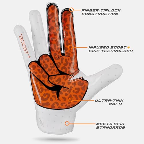 Grip Boost Football Gloves - Peace Stealth 6.0 Boost Plus Sticky Technology - Adult and Youth Football Gloves for Wide Receiver - Men's and Boys Sizes (White/Orange, Large) — view 4