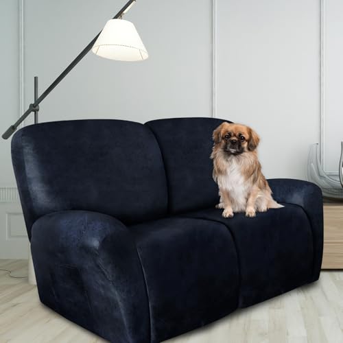 Image of ANARACHON Loveseat Recliner Cover Leather Look Recliner Loveseat Covers Recliner Sofa Cover for 2 Seater Reclining Couch Spandex Fabric Washable 6 Pieces (2 Seater, 02 Navy)