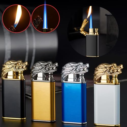 Image of Magic Double Flame Lighter, Unique Creative Metal Torch Windproof, Cool Fancy Double Jet Flame Lighters for Camping BBQ, Kitchen, Refillable Butane Lighter (Black, Lion Sytle B)