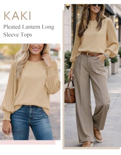 Image of Aifer Womens Tops Dressy Casual Long Sleeve Shirts Chiffon Blouses | Sheer Pleated Lantern Sleeves, Crew Neck, Back Keyhole, Versatile, Ideal for Office Workwear, Daily Outfits, Party Looks