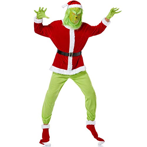 SBKDPT Herren Weihnachtsmann Anzug 7pcs Set Grinch Santa Kostüm Xmas Grün Monster Anzug mit Maske und Weihnachtsmütze Weihnachtsmann Kostüm für Weihnachten Party Cosplay Cover