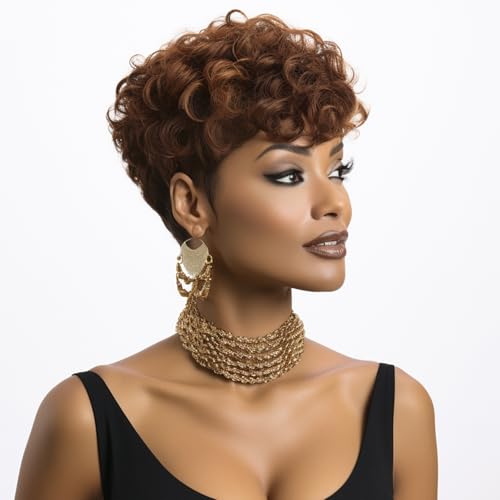 Short Auburn Brown Soft Synthetic Curly Pixie Cut Wigs for Black Women