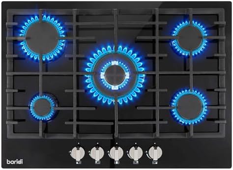 Baridi 70cm Built-In Gas Hob with 5 Burners, Cast Iron Pan Supports, Wok Burner and Auto Ignition, 11kW, Black Glass - DH228