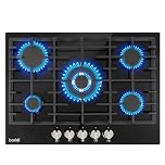 Baridi 70cm Gas on Glass Hob with 5 Burners, Cast Iron Pan Supports and Auto Ignition, 11kW, Black Glass - DH228