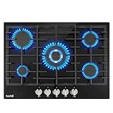 Baridi 70cm Gas on Glass Hob with 5 Burners, Cast Iron Pan Supports and Auto Ignition, 11kW, Black Glass - DH228