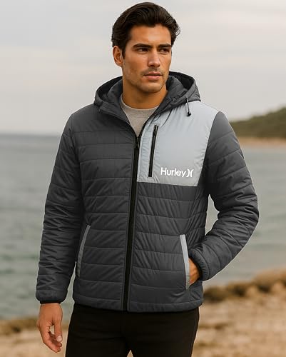Image of Hurley Mens Puffer Jacket - Lightweight Packable Insulated Winter Coat for Men - Weather Resistant Quilted Outdoor Jacket