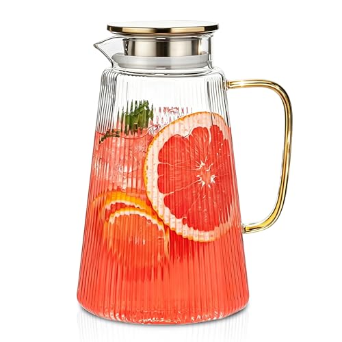 Image of 71oz Ribbed Glass Pitcher with Yellow Handle – Heat-Resistant Carafe with Lid for Hot & Cold Drinks, Iced Tea, Juice, Coffee – Large Borosilicate Water Jug for Home, Kitchen & Tabletop