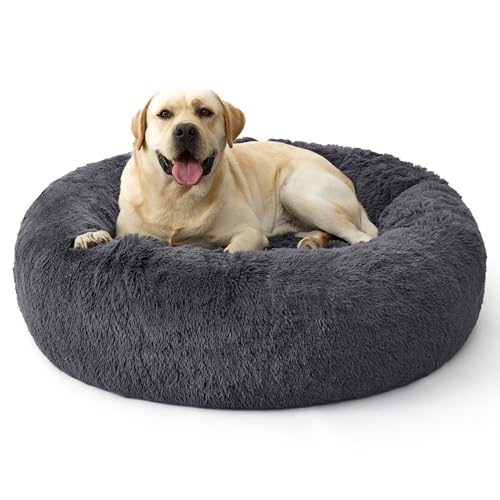 Bedsure Calming Dog Bed for Extra Large Dogs - 45in Donut Washable Large Pet Bed, Anti-Slip Removable Cover,420GSM Round Anti-Anxiety Fluffy Plush Faux Fur, Fits up to 100lbs Pets,Plus Version