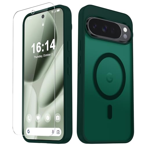 Image of for Google Pixel 10 /10 Pro Case, Matte Magnetic Phone Cover [with 1 Screen Protector] [Support for MagSafe] [Shockproof Military Grade Protection] Translucent Frosted Back, Dark Green