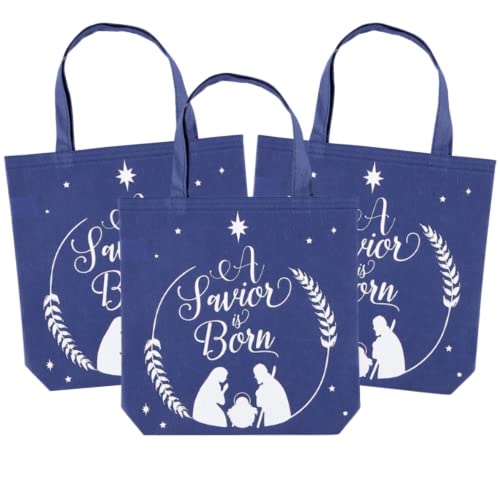 A Savior Is Born Weihnachts-Tragetasche, blaue, religiöse christliche Giveaway-Taschen, wiederverwendbare Lebensmittel-Urlaubsgeschenk, 3er-Pack, 27,9 cm, Blue Cover