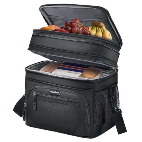 ExtraCharm Lunch Box for Men/Women Adults - Insulated Large Double Deck Leakproof Expandable Lunch Bag with Adjustable Shoulder Strap, Heavy Duty Cooler Bag for Work Camping Picnic (Black)