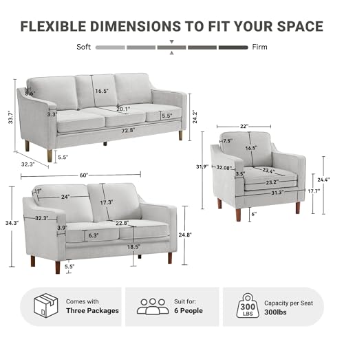 Image of Kingfun 3-Piece Sofa Set for Living Room, Mid Century Modern Couch with Loveseat and Chair, Chenille, Solid Wood Frame