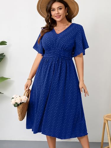 Image of RWJ Women's Plus Size Maxi Dress V Neck Short Sleeve Swiss Dot A Line High Waist Boho Swing Casual Summer Dresses