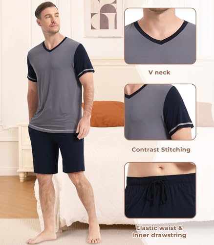 Image of NACHILA Men's Pajamas Set-Viscose Made from Bamboo, Short Sleeve Sleepwear with Shorts Cool Loungewear Soft Pjs
