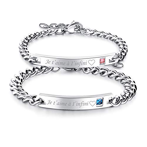 Flongo 2PCS Bracelets Acier Inoxydable Je T’Aime Chaînes de Main pour Couples Amoureux Femme Homme Couleur Argent Cadeaux Romantiques Saint Valentin Mariage Cover
