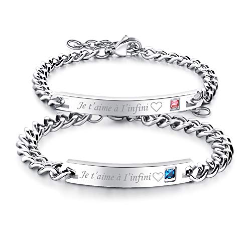 Flongo 2PCS Bracelets Acier Inoxydable Je T’Aime Chaînes de Main pour Couples Amoureux Femme Homme Couleur Argent Cadeaux Romantiques Saint Valentin Mariage