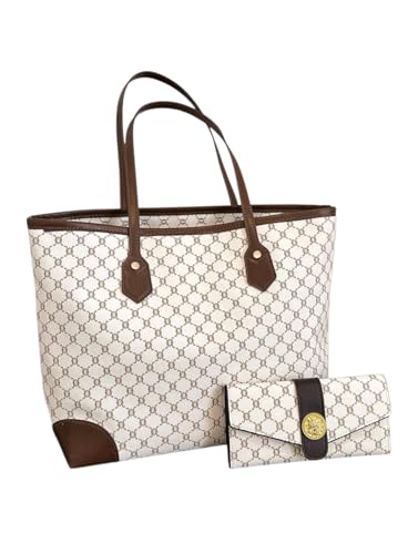 Designer Tote Bag Set with Matching Wallet, Monogram Pattern, Brown