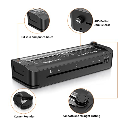 Amazon Basics 3-in-1-Thermolaminiergerät für A4-Größe, mit Funktionen zum Schneiden, Stanzen und Abrunden von Ecken, inkl. 10 Hüllen, EU-Stecker, Schwarz