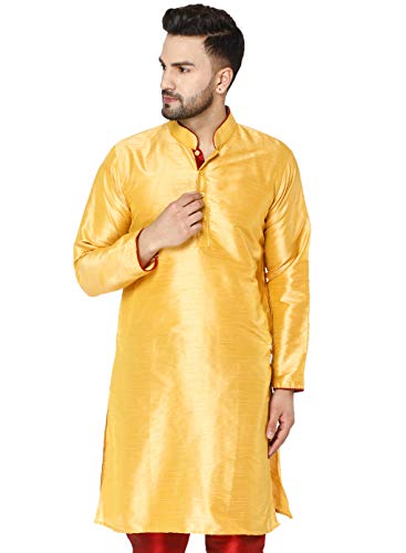 Image of Men's Art Silk Woven Design Long Kurta Mandarin Collar Straight Shirt