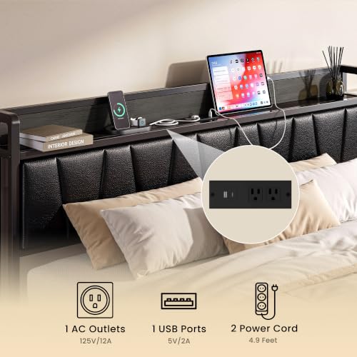 Image of LIKIMIO Queen Bed Frames, PU Leather Storage Headboard with Charging Station, Solid and Stable, Noise Free, No Box Spring Needed, Easy Assembly, Black