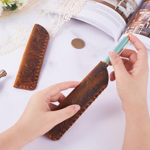 GORGECRAFT 2Pcs Cowhide Pencil Case Fountain Leather Double Pen Sleeve Cover Vintage Flowers Retro Pencil Wrap Holder Pouch for Protective Desk Supplies (Coconut Brown) - Image 3
