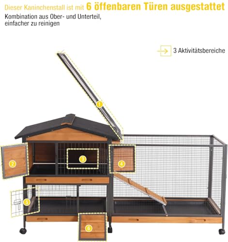 Image of Aivituvin Rabbit Hutch with Buy-Free Metal Frame - Indoor & Outdoor Rabbit Run with Wheels and Leak-proof Storage Tray (Wood Colour)