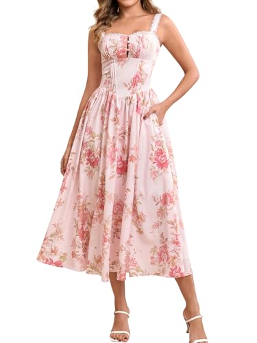 Image of KUTUMAI Women Summer Corset Midi Floral Wedding Guest Dresses with Pockets | Lace Neck, Smocked Back, Flowy A Line Sundress for 2026 Engagement Photoshoot Bridal Shower Garden Party