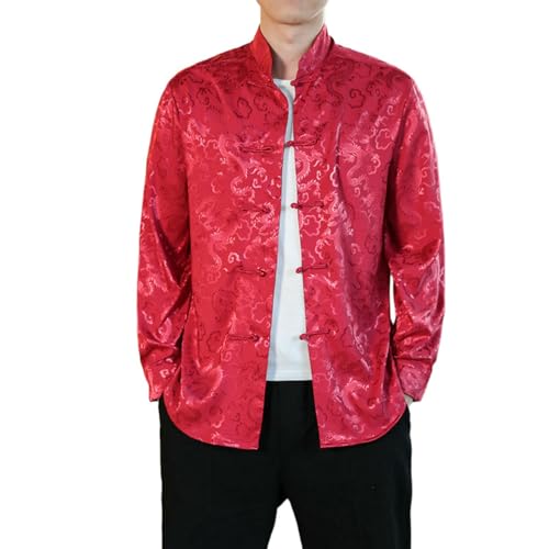 Chemise style chinois rétro pour homme en satin jacquard fluide
