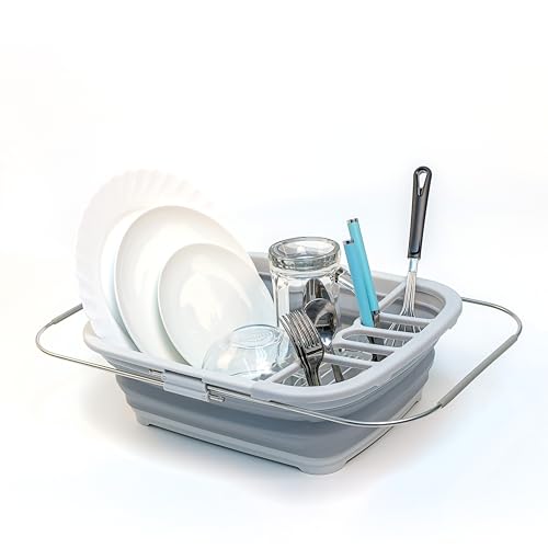 SAMMART 8L (2.11Gallons) Expandable Collapsible Dish Drainer – Foldable Drying Rack – Portable Dinnerware Organizer – Space Saving Kitchen Storage Tray (Grey, 1)