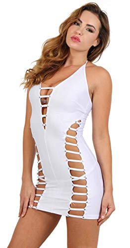 MISS NOIR 18170 Damen Minikleid im Wetlook S-3XL Strass V-Ausschnitt...