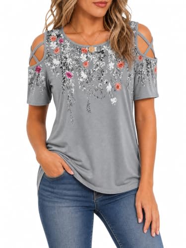 Image of Jar of Love Women's Summer Tops Short Sleeve Cold Shoulder Tops T-Shirts for Women Spring Summer Tops Loose Fit Tunic 2026