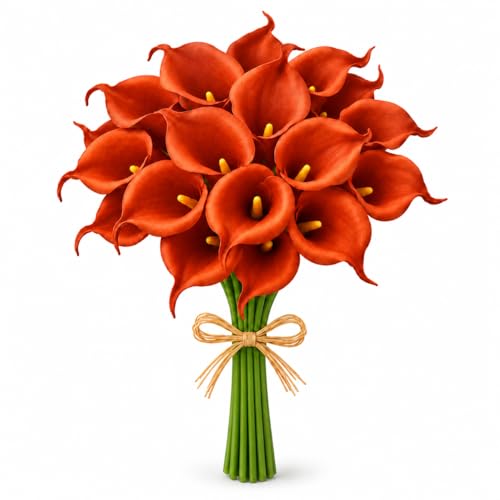 Mandy's PU Burnt Orange Calla Lily Artificial Flowers 20 Stems 13.5in Faux Realistic Centerpiece for Valentine's Day and Easter Decorations DIY Bridal Bouquet Home Décor