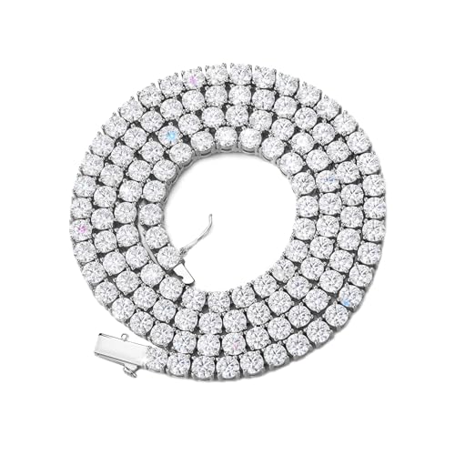 BREN Tennis Necklace - 4mm Iced Out Diamond Tennis Chain 5A Cubic Zirconia Necklace - White Gold Plated Flat Tennis Necklace for Women and Men Size 20