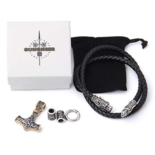 GUNGNEERMjolnir Thors Hammer Necklace Mixed Gold Viking Jewelry Men Accessories With Black Wolf Head Leather Chain, Viking Beard Bead Gift