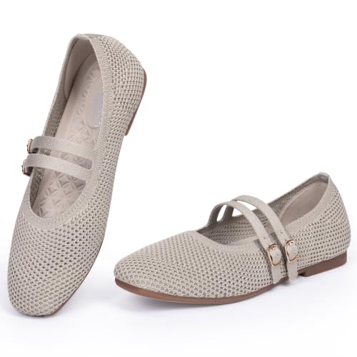 Image of Frank Mully Women's Flats Square Toe Mary Jane Shoes Ballet Flats with Strap Comfortable Slip On Knit Shoes Dressy Casual