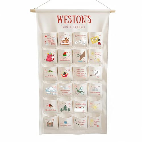Personalized Christmas Advent Calendar, Reusable Advent Calendar with 24 Pockets, Xmas Decorations (Santa Tracker TM02)