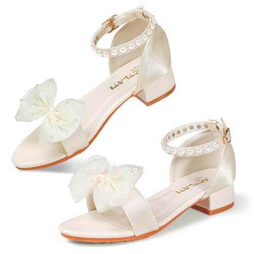 KDVOG Girls Dress Shoes Chunky Low Heels Sandals Open Toe Ankle Strap Decorative Bow Flower Girl Wedding Party Shoes for Little Big Kid(Ivory Satin,Little Kid 1) by KDVOG - Used condition - US$21.45