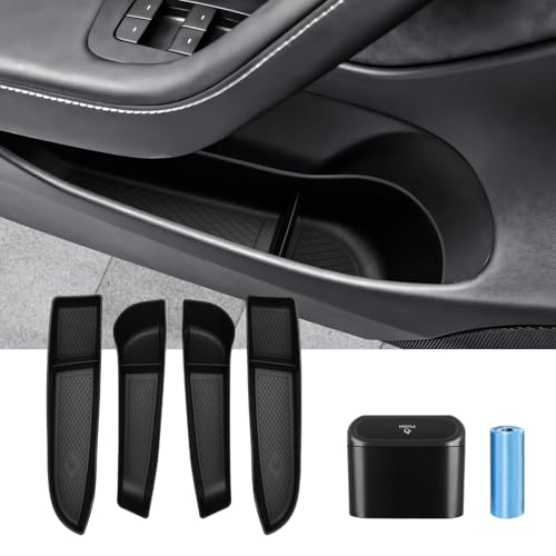 Canvcle Door Side Storage Box and Trash Can for 2024 2025 2026 Refresh Tesla Model 3 Highland Accessories Front Rear Door Insert Slot Storage Tray Organizer Protector Garbage Bin with Trash Bags 6PCS