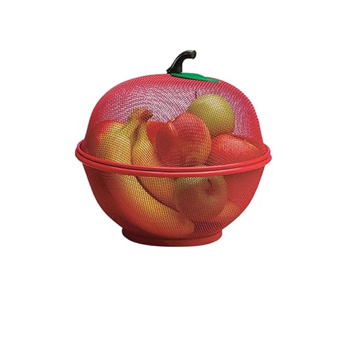 Image of HAADI Fruits Bowl Basket Apple Shape Mesh with lid Tabletop Vegetable Holder Keep Unwanted Pets & Insects Out Kitchen Dishwashing Drain Basket (Red)